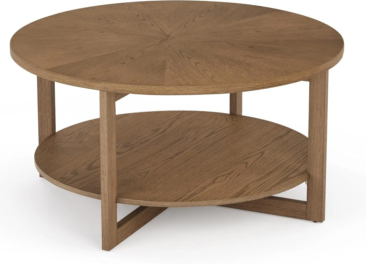 Round Coffee Table, 35" Rustic Modern Circle Coffee Tables with 2-Tier Storage Shelf, Sofa Table, Cocktail Table for Living Room