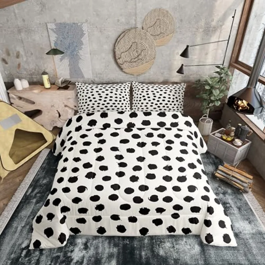 

Black Polka Dots Comforter Set Queen Size Boho Bedding Set for Men Women Brush Stroke Decorative Geometric Beige Comforter All