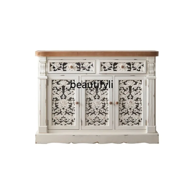 

American-Style Solid Wood Hall Cabinet White Carved Entrance Cabinet Living Room Entrance Vintage Distressed Storage Bar Cabinet