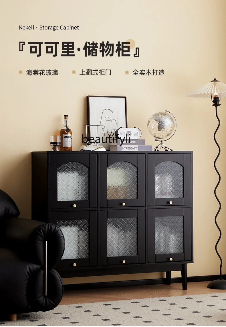 F Solid wood bookcase living room low cabinet glass door display black sofa storage locker retro