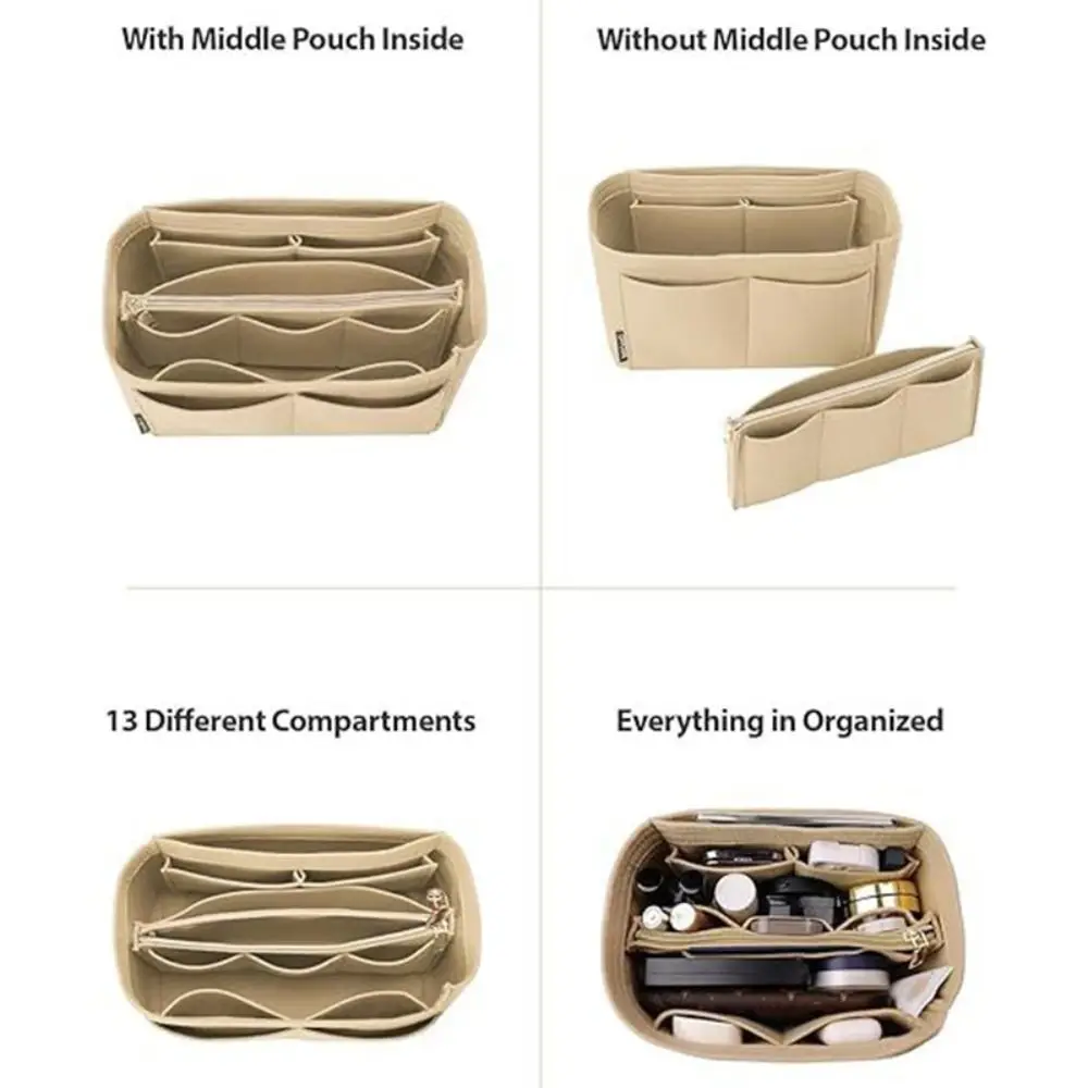 

Lightweight Handbag Insert Cosmetic Organizer Storage Bags Toiletry Container Solid Color Fashionable Multi-Pocket Handbag