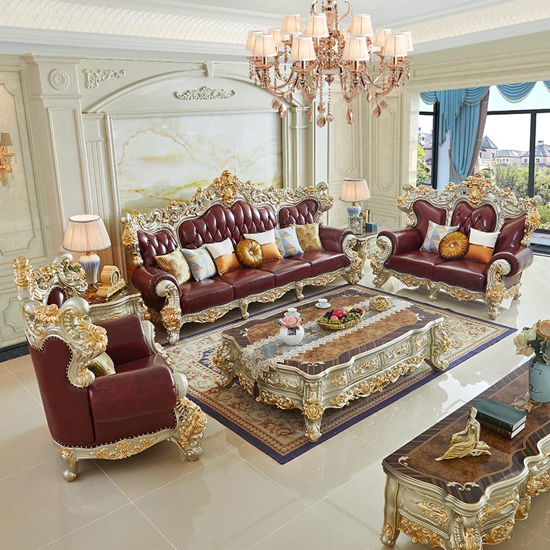 

Deluxe European-style combined solid wood leather sofa set of 123 seats, home furniture, suitable for living rooms, hotels and v