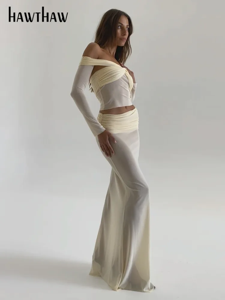 Hawthaw Women 2024 Spring Autumn Long Sleeve Crop Tops Long Skirts Two Piece Matching Sets Outfit Wholesale Items For Business