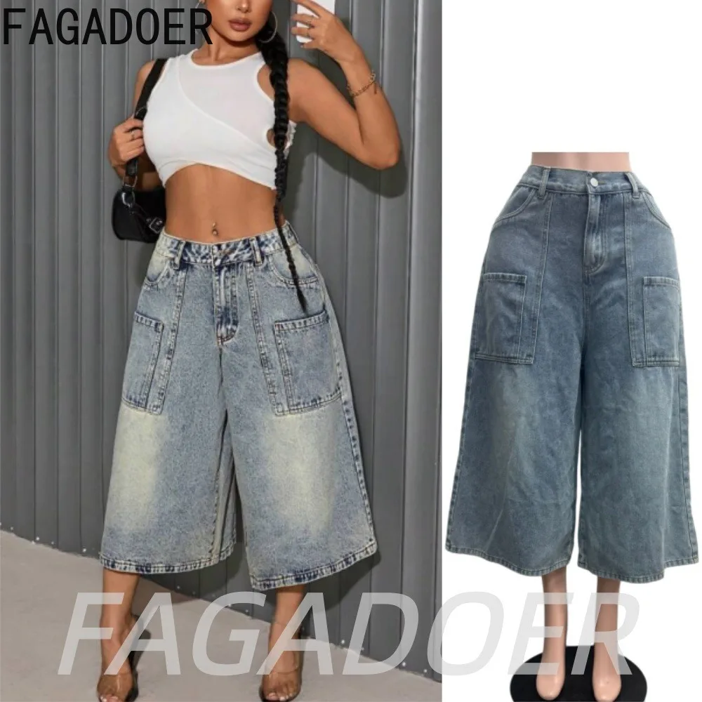 FAGADOER Streetwear Cargo Denim Loose Shorts Hot Girl Fashion Trendy Button Pocket Patchwork Jeans Summer Casual Jean Pants New