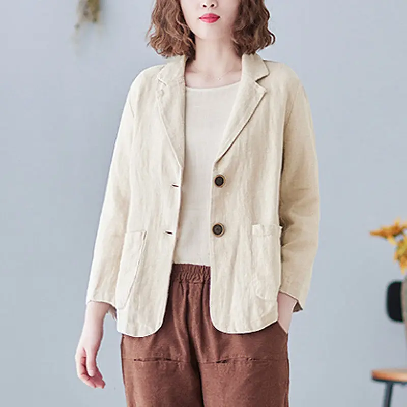 Women Cotton and Linen Blazer Jacket Solid Fashion 2024 Lapel Collar Suit Coat Long Sleeves Korean Loose Office Lady Outwear