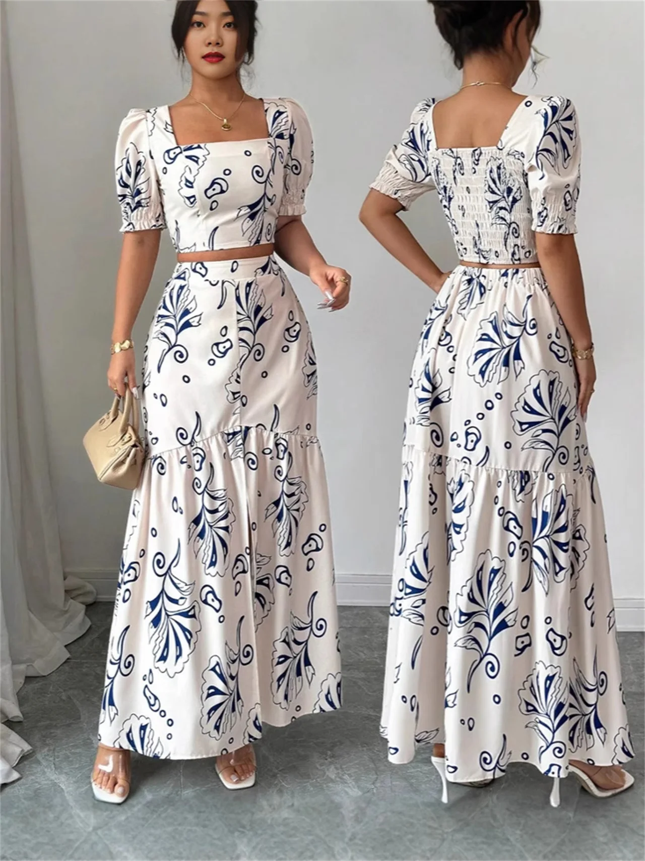 EINY Fashion Print Set For Women Elegant Short Sleeve Square Collar Tops+High Waist Long Skirt 2 Pieces Sets Lady Vacation Party