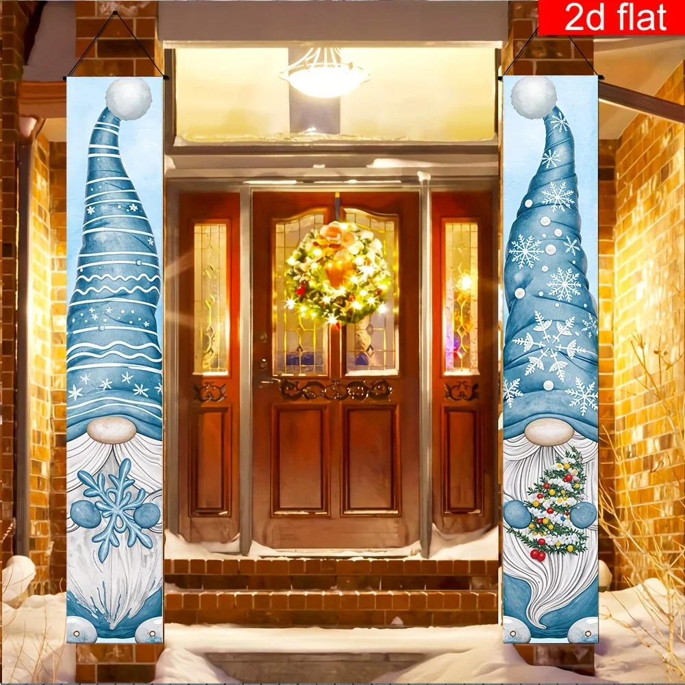 VIKAMA Winter-Zwerg-Veranda-Schild, blau, verschneite Party, Willkommen, Weihnachten, Tür, Hof, Banner, Polyester, Wandbehang, Flaggen, Heimdekoration