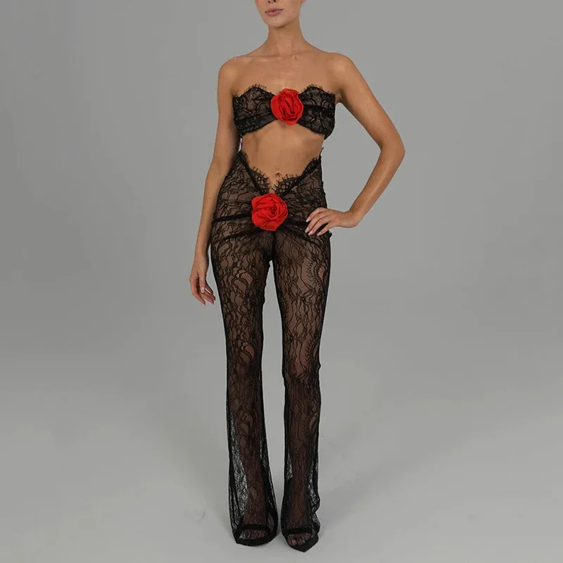 

Autumn new lace see-through sexy temptation tube top jumpsuit feminine tight flower trousers elegant sexy party club clothing