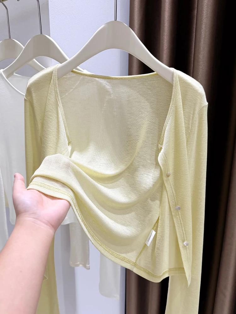 

Dopne Yellow Sun Protection Open Cardigan Women's Spring Summer Beach Outfit Matching ter Dr Soft Knitted Top