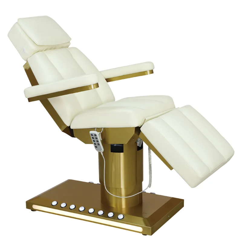 Electric Tattoo Beauty Chair Cream PU Golden Metal Base 3 Motors Face Hole Remote & Foot Control LED Light Reclining Cosmetic Ch