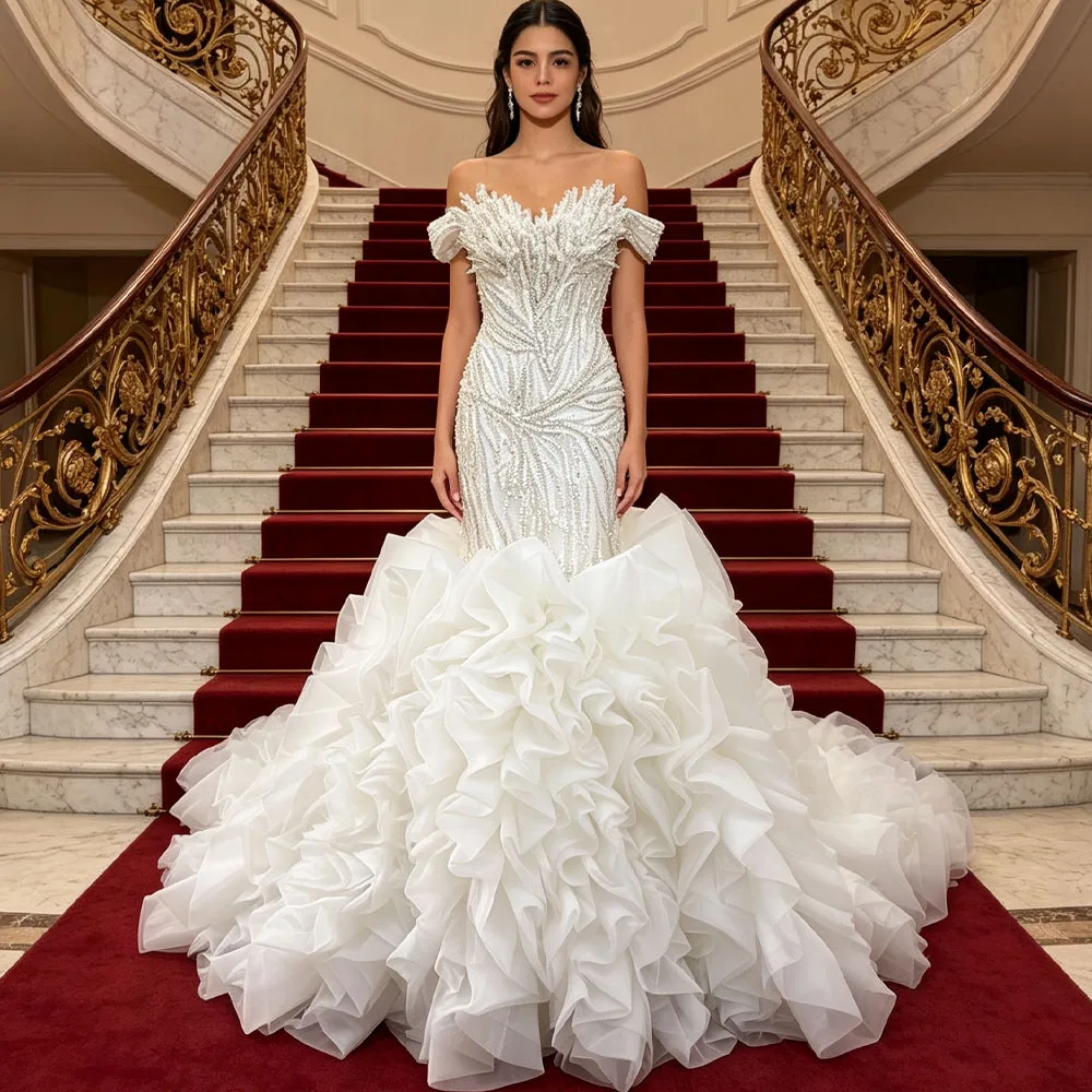 Gorgeous Bridal Dress Detachable Ruffles Sweetheart Off Shoulder Lace Up Back Beading Customized Wedding Dress