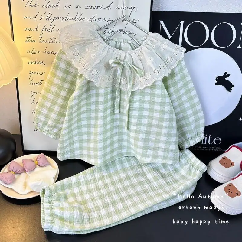 Girl's Cloud Inspired Lace Set, Summer Girl's Checkered Home Clothes, Sleepwear, Baby Girl's Cartoon Air Conditioning Underwear