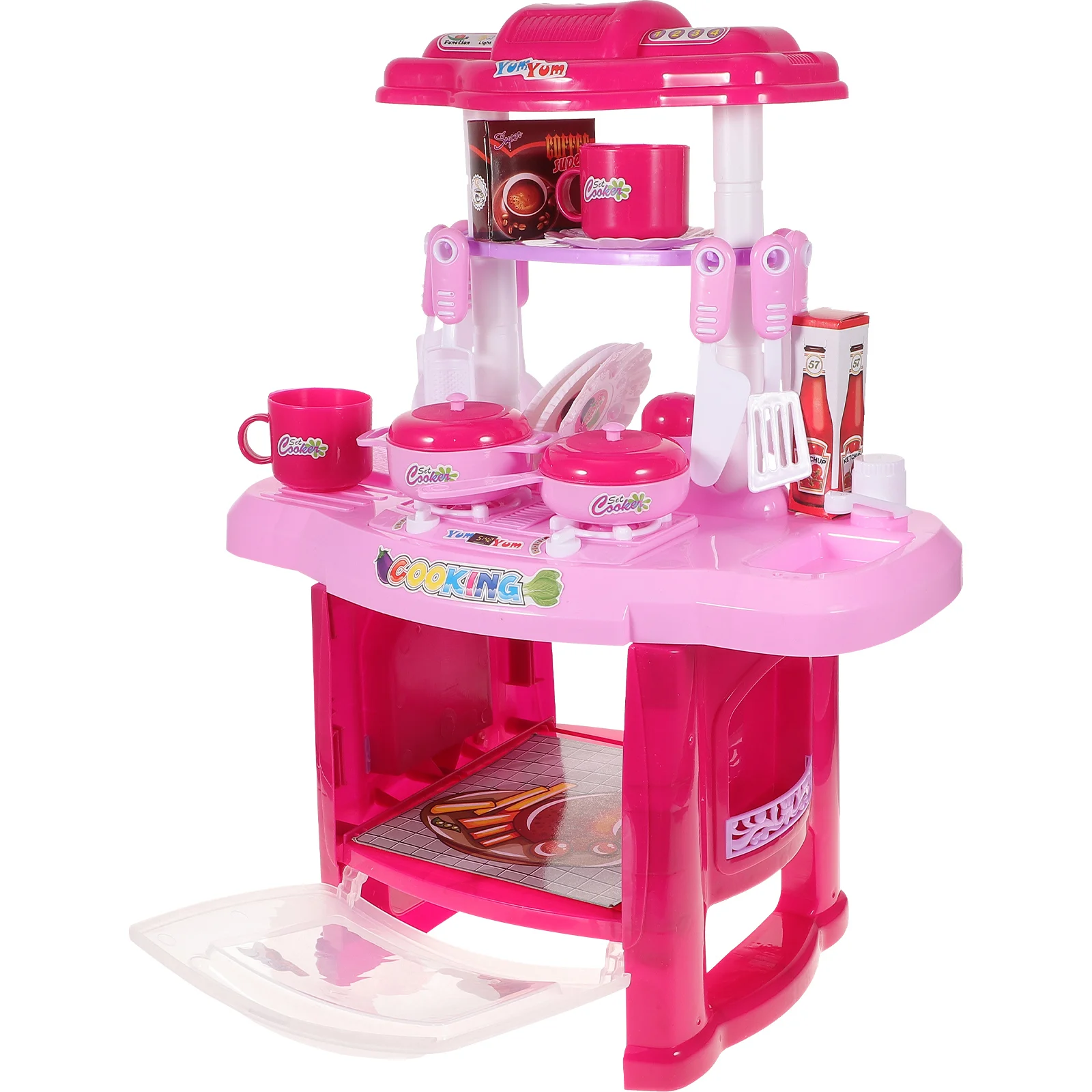 Children's Cooking Simulation Kitchen Tableware with Light Music Wooden Kitchen Stove Playsets Accessories for Toddler (Pink)