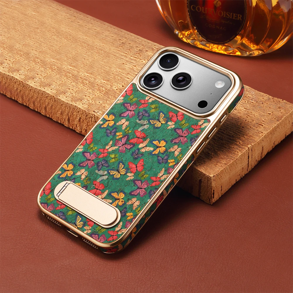 

Cork Butterfly Pattern Phone Case For iPhone 17 Air 16 15 14 13 Pro Max With Stand For MagSafe Wireless Charging Artistic Case