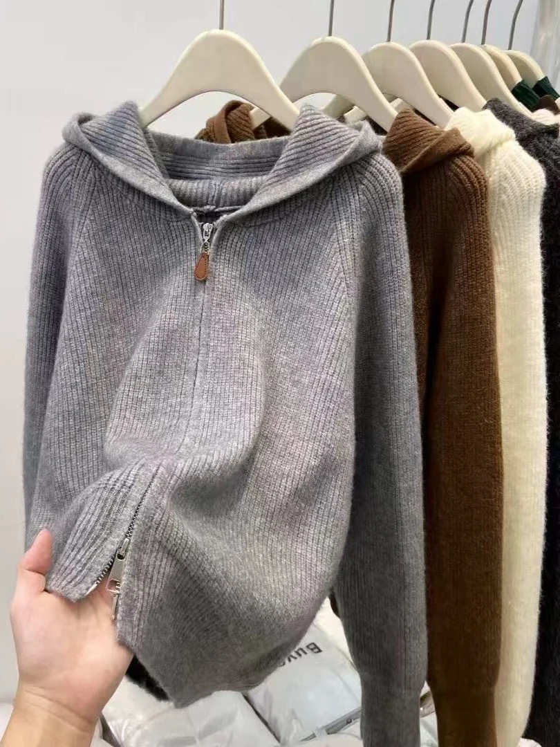 

Корейская толстовка с двойной молнией, вязаная утягивающая простая повседневная трикотажная одежда из мягкого полиэфирного волокна, длинный топ с капюшоном све