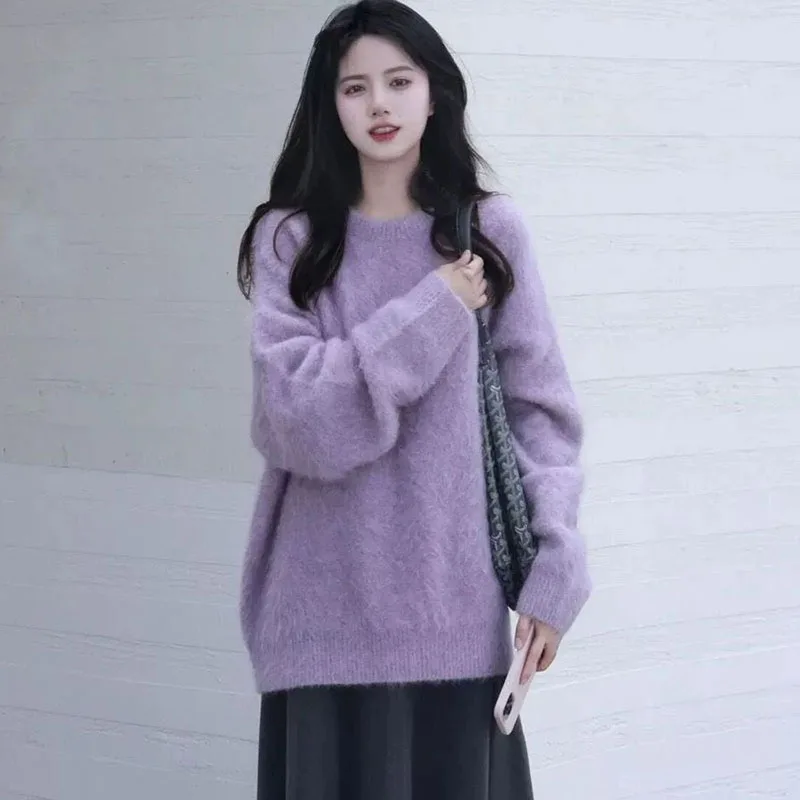 

2023 Autumn Winter Fashion Women Sweater Casual Loose Simple Korean Knit Sweater O-Neck Elegant Sweet Purple Pullovers Sweater