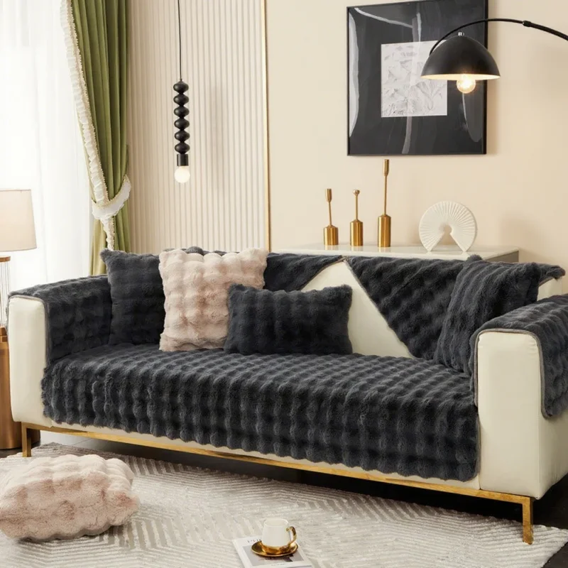 1pc Thick bubble velvet anti slip segmented sofa towel L-shaped winter warm ultra soft plush sofa cover skin friendly