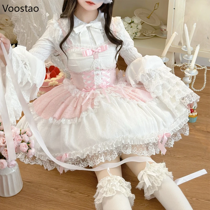 Japanische süße lolita jsk kleid frauen elegante rüschen spitze verband prinzessin riemen kleider mädchen y2k kawaii tee party mini kleid