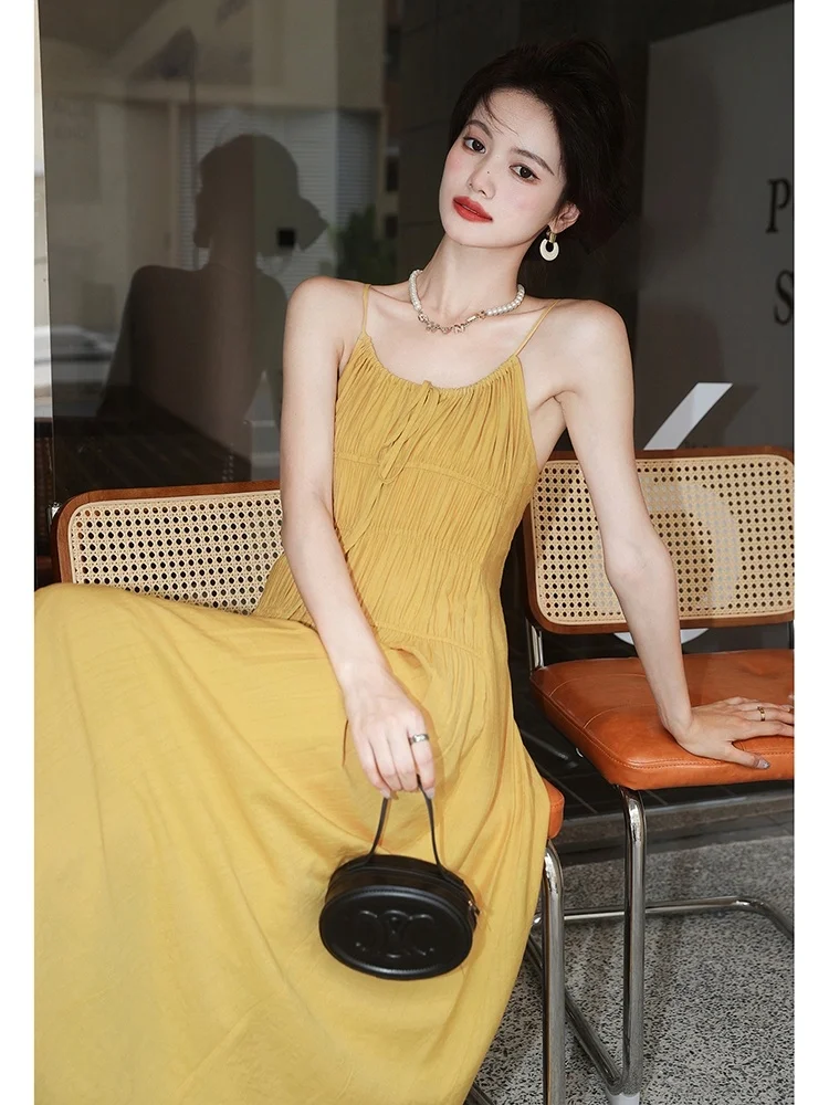 

Vacation Style Gown with Drawstring Neck Strap And Pleated Bunching Craft by Shaohan Fairy Glue Fiber Summer A-Line Dress for...