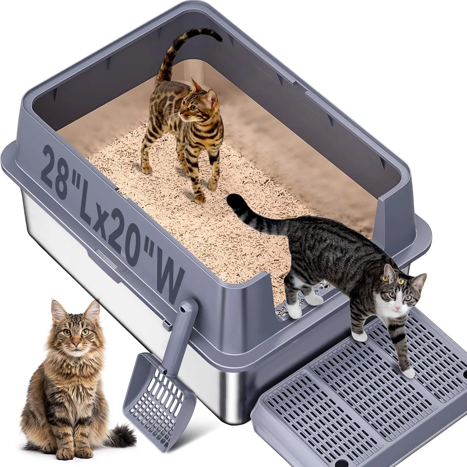 XXL Stainless Steel Litter Box, 28"Lx20"Wx12"H, High Sides, Easy Clean, Odor-Free