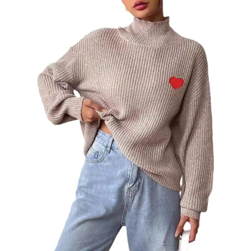 

Women's Love Embroidered Sticker Turtleneck Sweater Mixed Color Flower Half-Turtleneck Base Shirt European And American Style