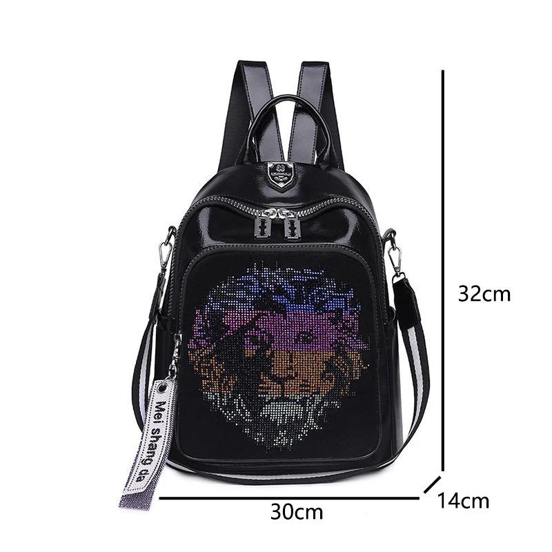 New Soft Leather Womens Backpack Fashion Trend Bright Diamond Animal Pattern Female Single Shoulder Bag Large Capacity Girl Bags