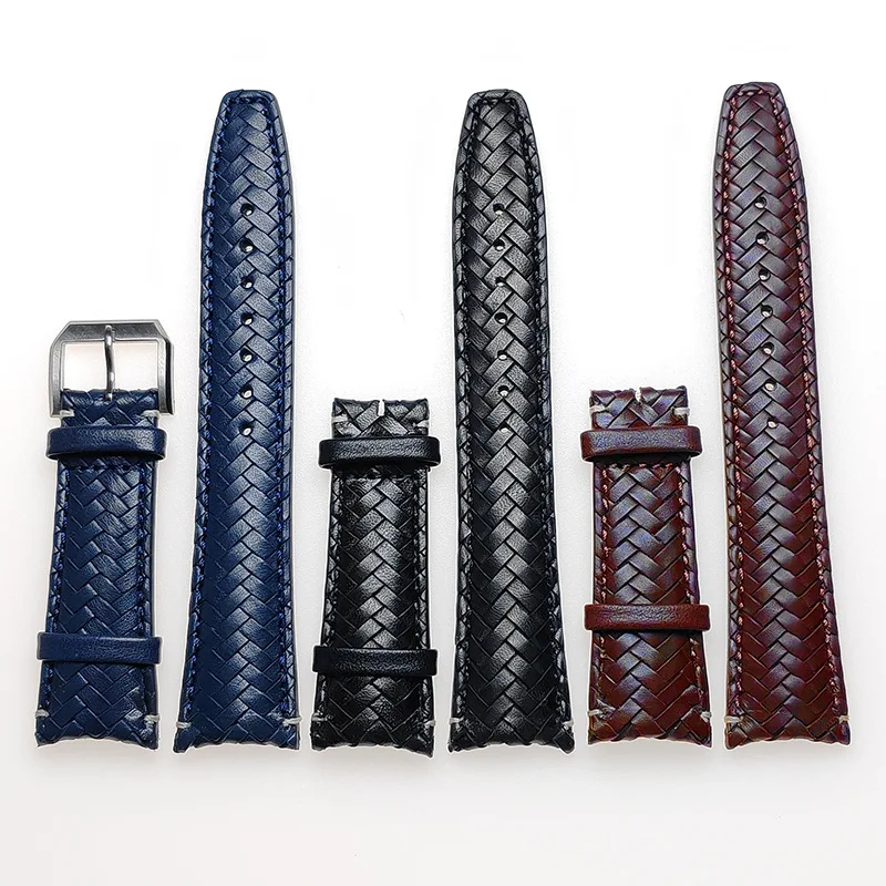 Woven Genuine Leather Strap Stainless Steel Buckle Men Women Curved End Cowhide Watch Band Belt for IWC 20mm 22mm