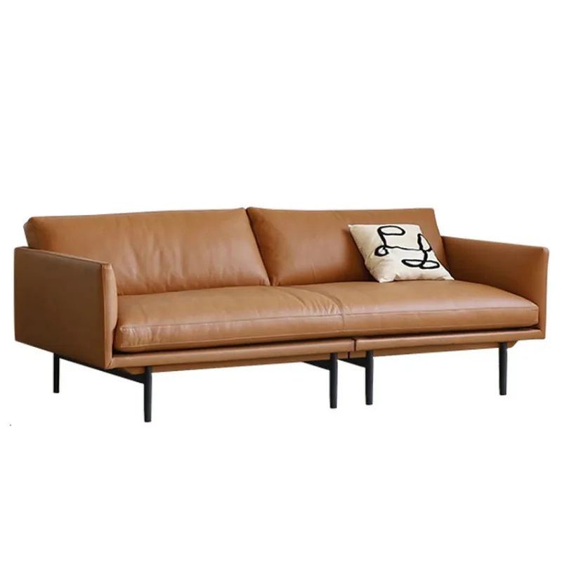 

French minimalist living room small apartment with narrow armrests medium ancient style retro oil wax leather sofa