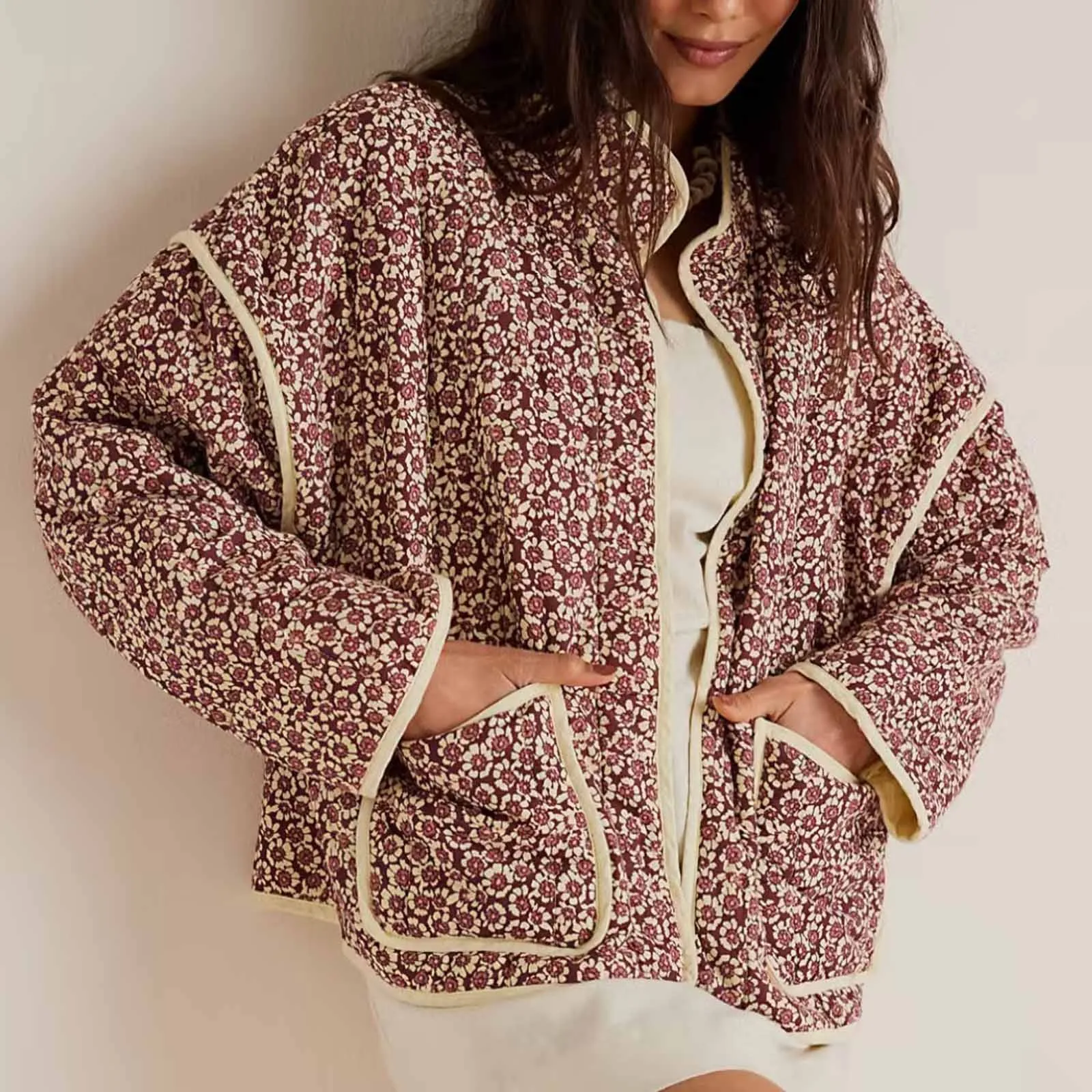 

Winter Warm Cropped Women's Fleece Jackets Retro Floral Printed Long Sleeve Cardigan Loose Casual Short Coats Women's Parkas