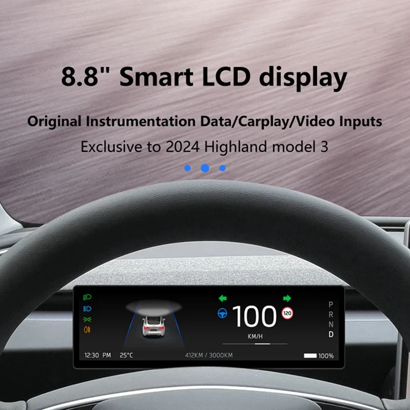 8.8 Inches 2.5D Meter Screen Smart Head-Up Display Wireless Carplay For Tesla Model 3 Highland 2024 Speedometer