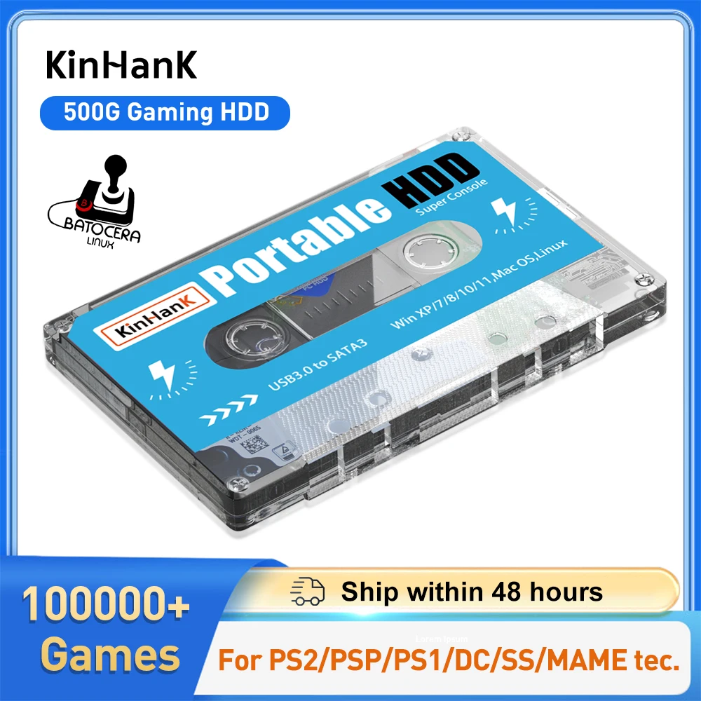 KINHANK 500G 게임용 HDD 슈퍼 콘솔 100000 비디오 게임 DC/MAME/SS/NAOMI/PS2/PS1 플러그 앤 플레이 Batocera OS용 70개 에뮬레이터