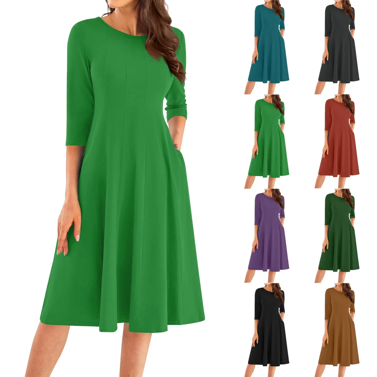 Women'S Casual Fashion Round Neck Three Quarter Sleeve Solid Color Midi Dress Vestidos Largos De Mujer платье женское 2024