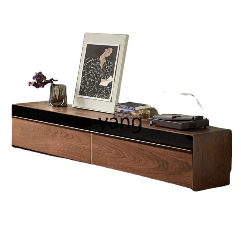 

Yjq Solid Wood TV Cabinet Black Walnut Wooden Locker Small Apartment Living Room Light Luxury Floor Cabinet