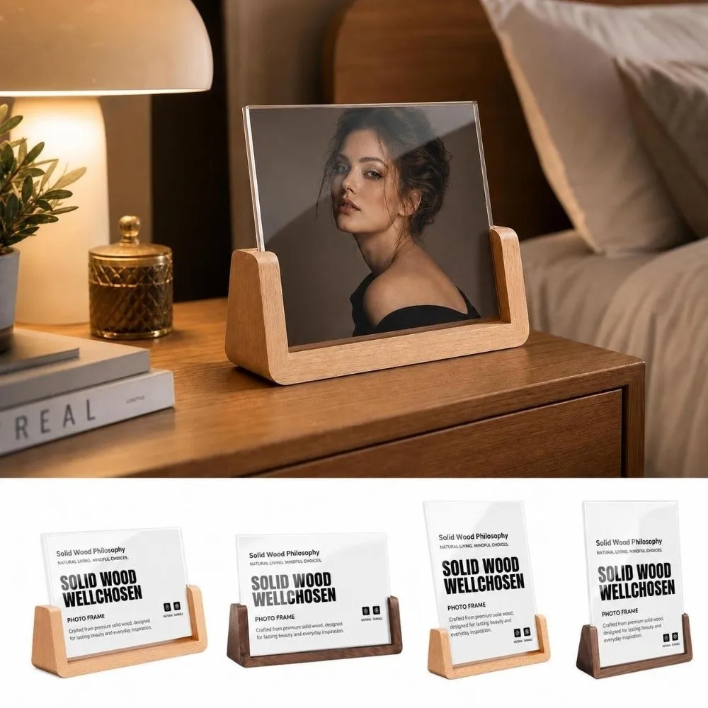 Walnut Wood Acrylic Photo Frame Beech Wood U Shape Design Wooden Photo Frame Desktop Standing Transparent Acrylic