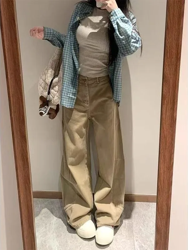 

Американские свободные джинсы цвета хаки с широкими штанинами, женские осенне-зимние новые модные утягивающие джинсовые брюки прямого кроя, повседневная одежда