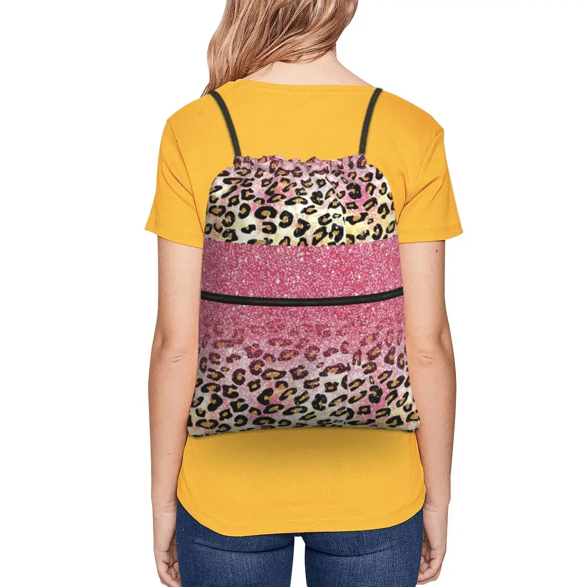 Bubble Gum Pink Faux Glitter Leopard Animal Print Backpacks Drawstring Bag Drawstring Bundle Pocket Book Bags For School Student