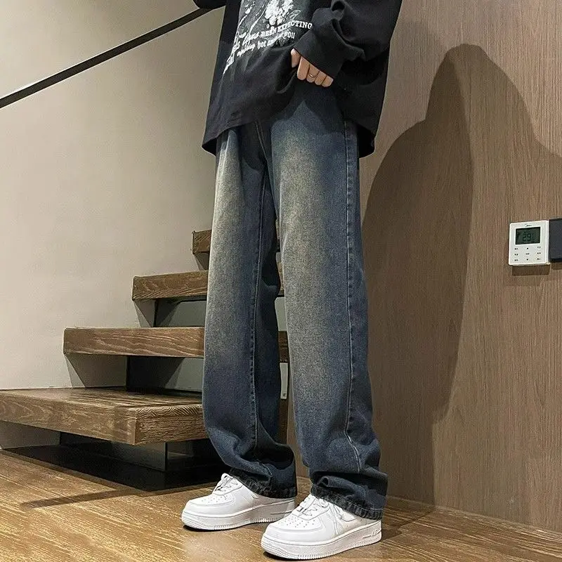 아메리칸 심플 청바지 남성 여름 새로운 와이드 레그 캐주얼 소년 레트로 다목적 루즈 스트레이트 바지 트렌디