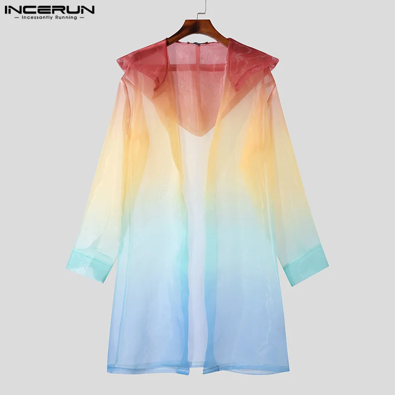 American Style Handsome New Men Gradient Mesh Hooded Cardigan Trench Casual Sexy Male Hot Selling Trench S-5XL INCERUN Tops 2023