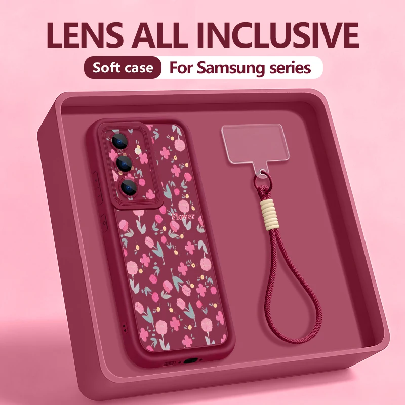 Lanyard Phone Case For Samsung Galaxy S26 S25 S24 Ultra S23 S25 FE A57 A37 A17 A56 A36 A16 A55 A54 A15 Pink Flowers Print Cover