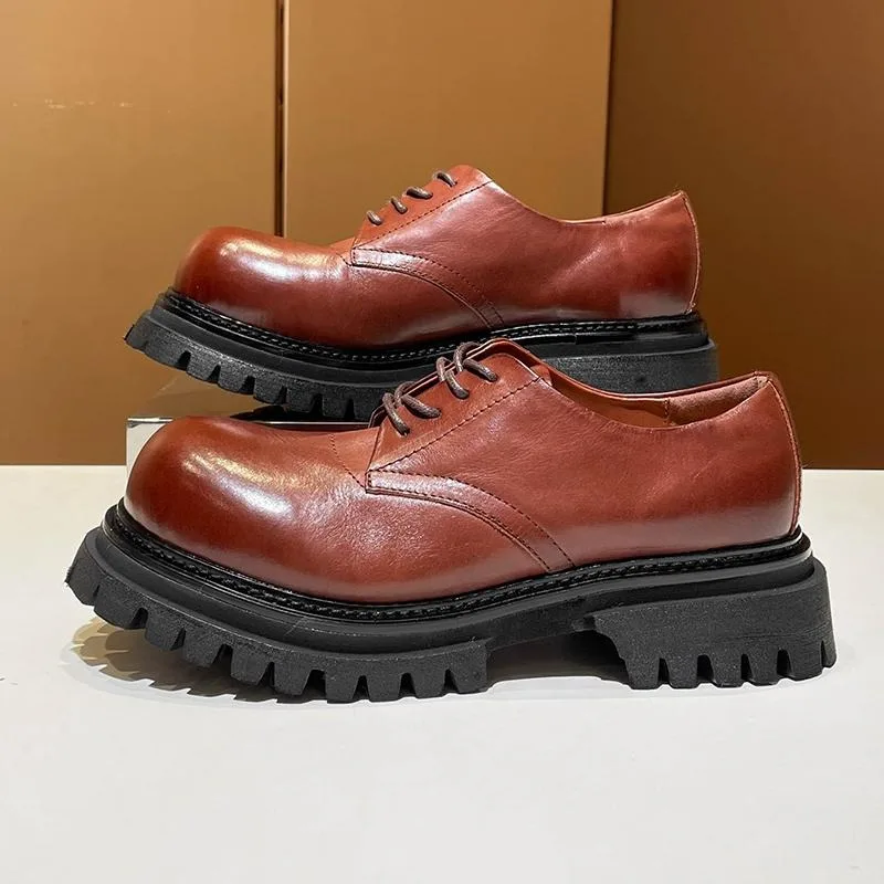 

Повседневные туфли в британском стиле, женские туфли-лодочки на высоком каблуке из натуральной кожи, на толстой подошве, туфли дерби с круглым носком, женские офисные оксфорды