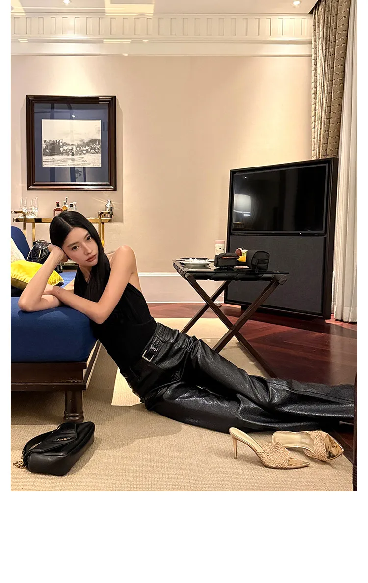 Lautaro Spring Autumn Shiny Lizard Print Pu Leather Straight Pants Women High Waist 2026 Chic Luxury Brands Alternative Pants