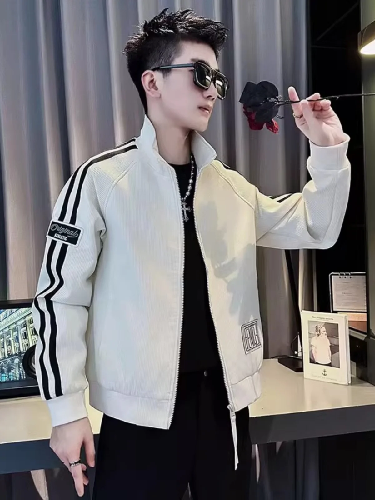 لون Blo Baseball Jaet الرجال سليم صالح عادية Sle ألياف البوليستر سستة إغلاق طويل Sve يندبروف ملابس خارجية #5