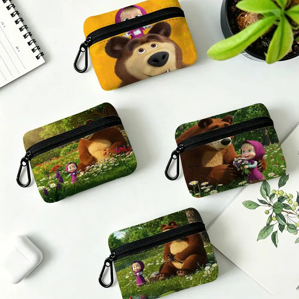 M-Masha And B-Bears Oxford Cloth Zipper Coin Purse Portable Hanging Key Pouch Organizer For Travel Cosmetic Bag