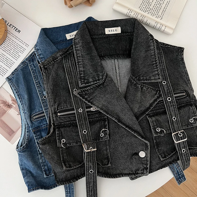 Autumn Versatile Short Jacket Waistcoat Women Personality Fashion Suit Collar Double Pocket Tooling Denim Sleeveless Vest