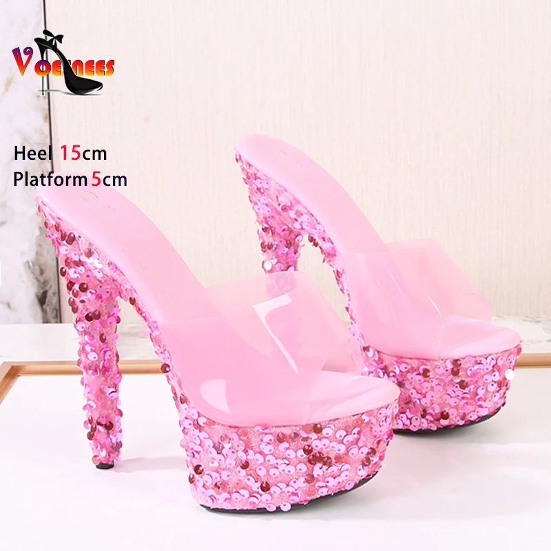 15CM Thin Heel Stage Show Shoes Women Nightclub Summer Glitter Sandals Designer New Sequined Platform High Heels Slippers 34-43