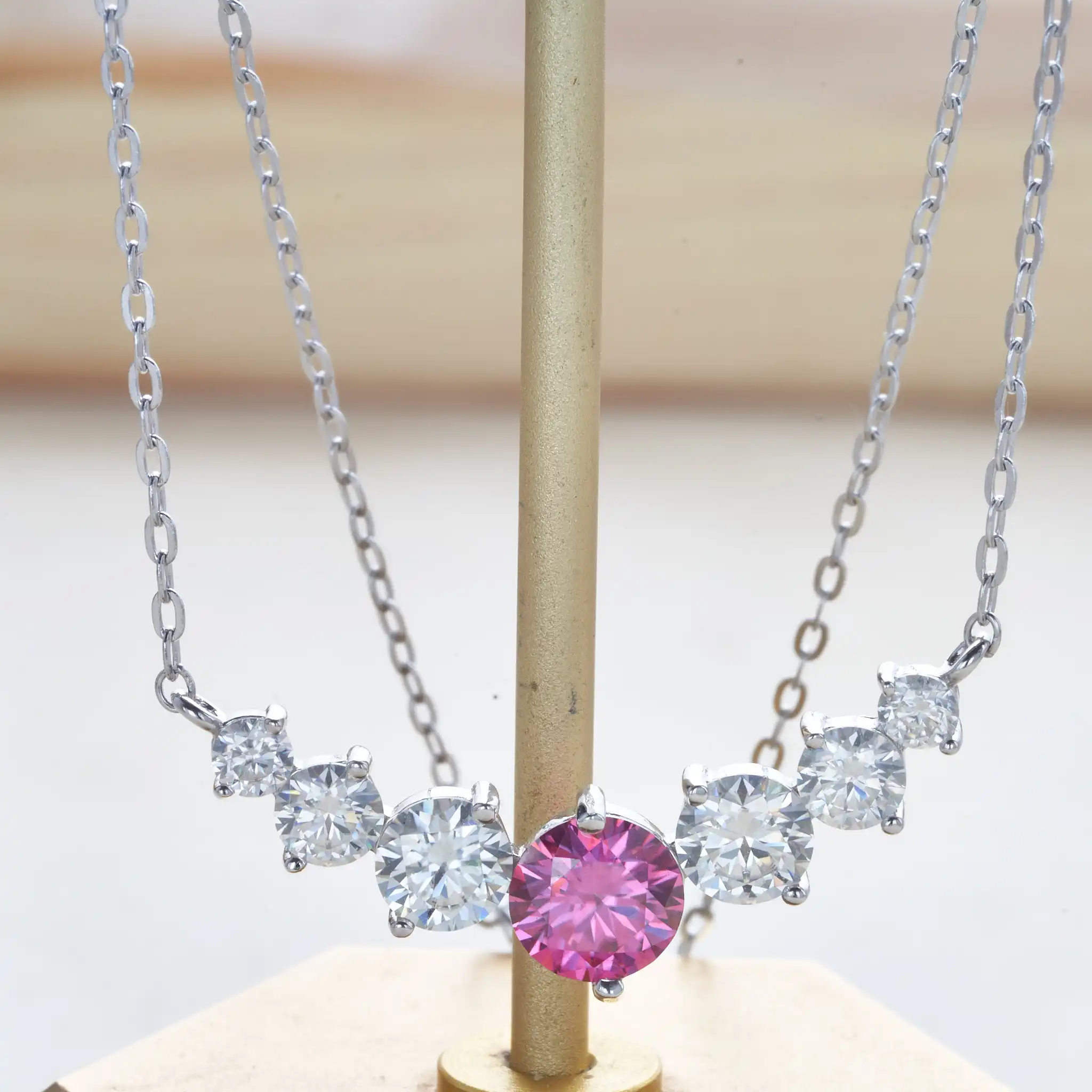 Rosa Moissanit-Halskette für Damen, 925er Sterlingsilber, 18 Karat Weißgold-Kette mit Zertifikat, Hochzeits-Schmuck – Detail 2