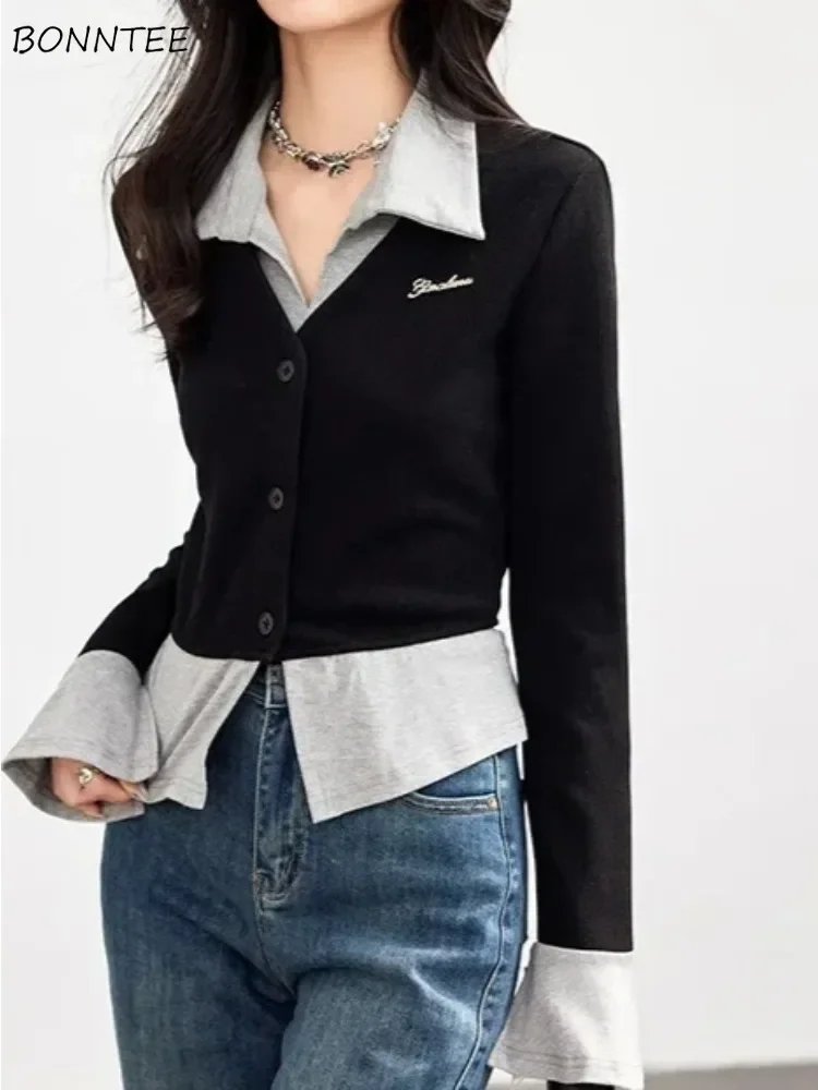 

Long Sleeve Shirts Women Autumn Fake Two Pieces Preppy All-match Korean Fashion Elegant Tops Versatile Camisas De Mujer Slim Ins
