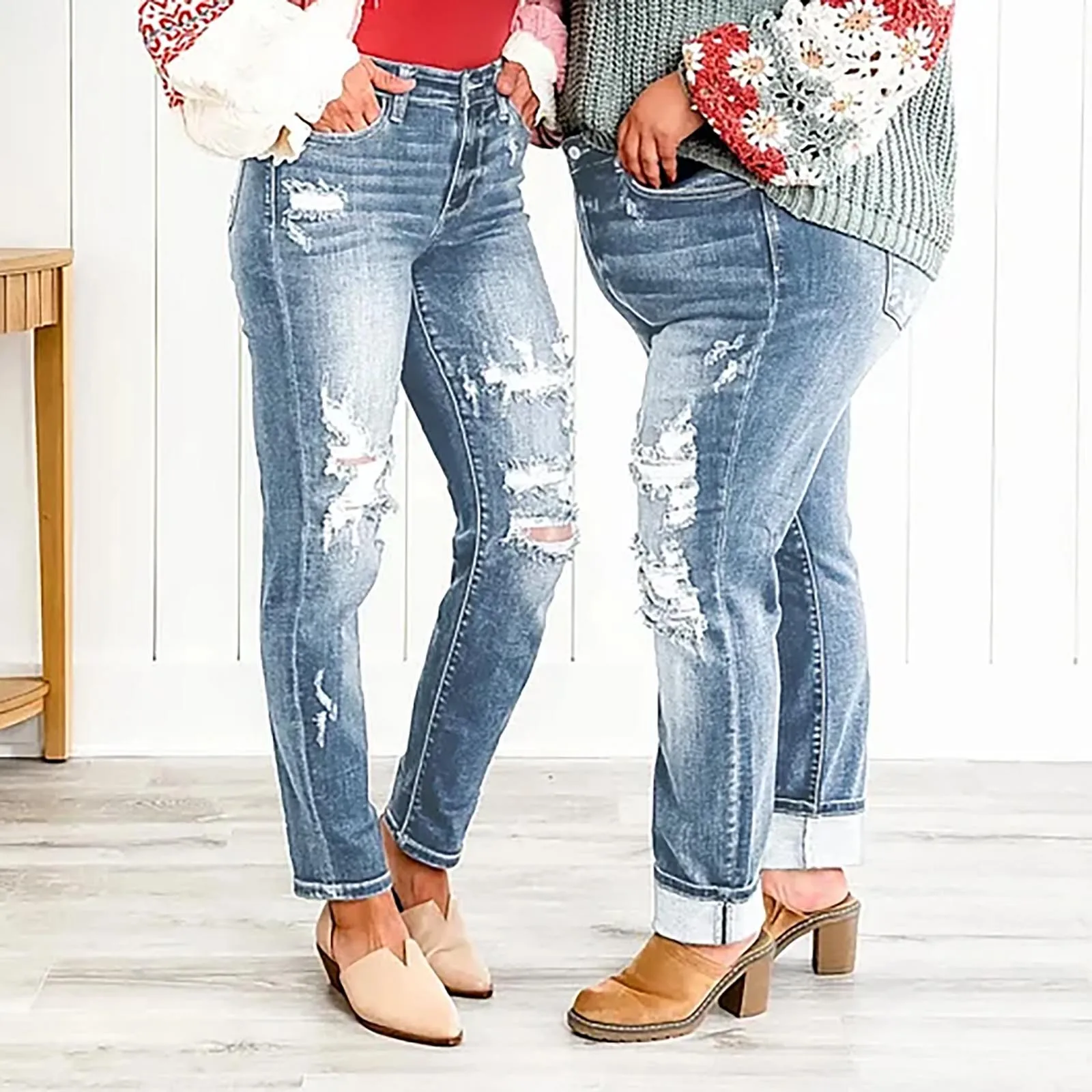 2024 Fashion New Women Jeans Mid Waist Boyfriend Ripped Hole Denim Pants Casual High Street Vintage Pencil Jeans Y2k