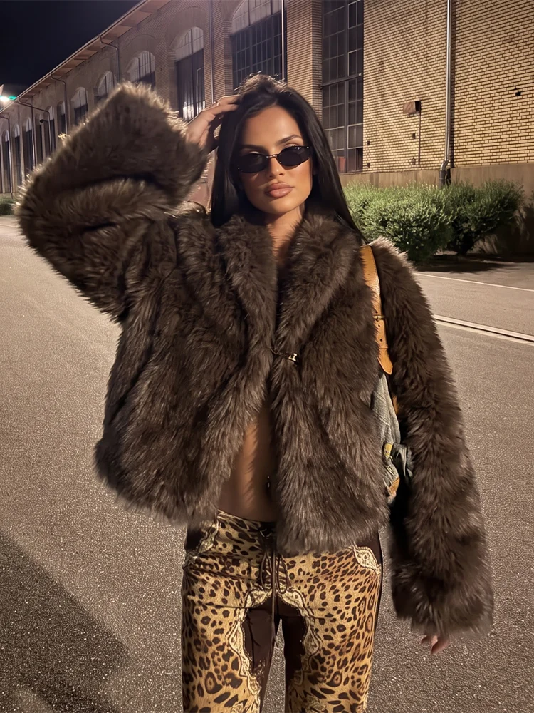 High Collar Faux Fur Cropped Outerwear Baggy Long Sleeve Plush Soft Stylish Winter Casual Street Warm Retro Outfits New Trendy