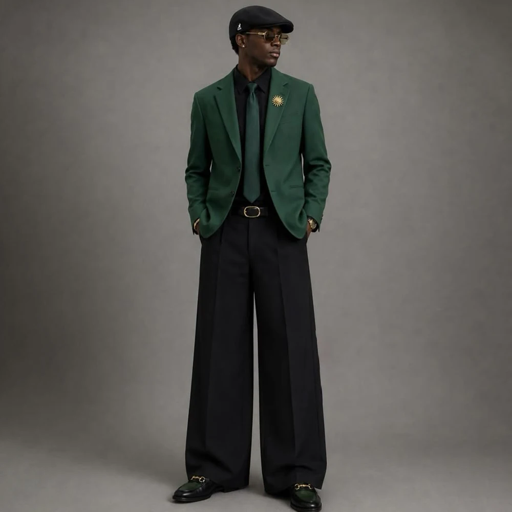 Men Dark Green Blazer Suit Jacket Black Wide Leg Pants Smart Casual Business 2 Pieces Formal Prom Wedding Guest Outfit